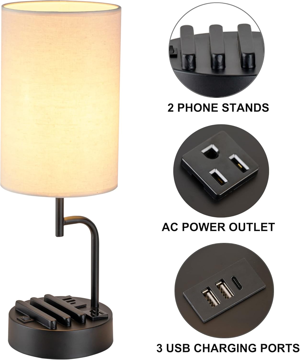 Dreamholder Dual Modern Table Lamps: USB Charging, AC Outlet, Phone Stands