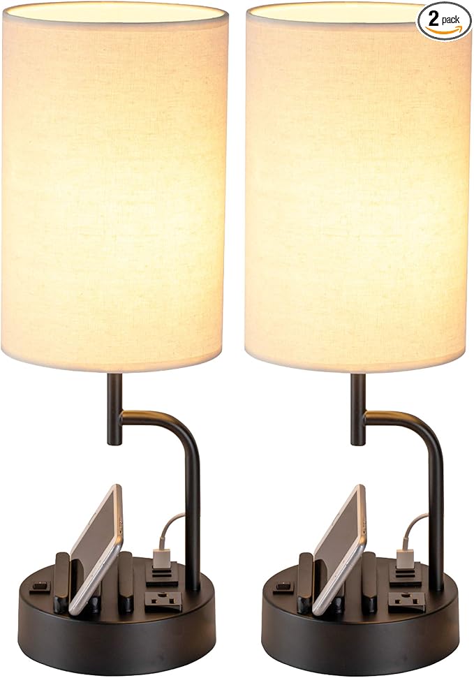 Dreamholder Dual Modern Table Lamps: USB Charging, AC Outlet, Phone Stands