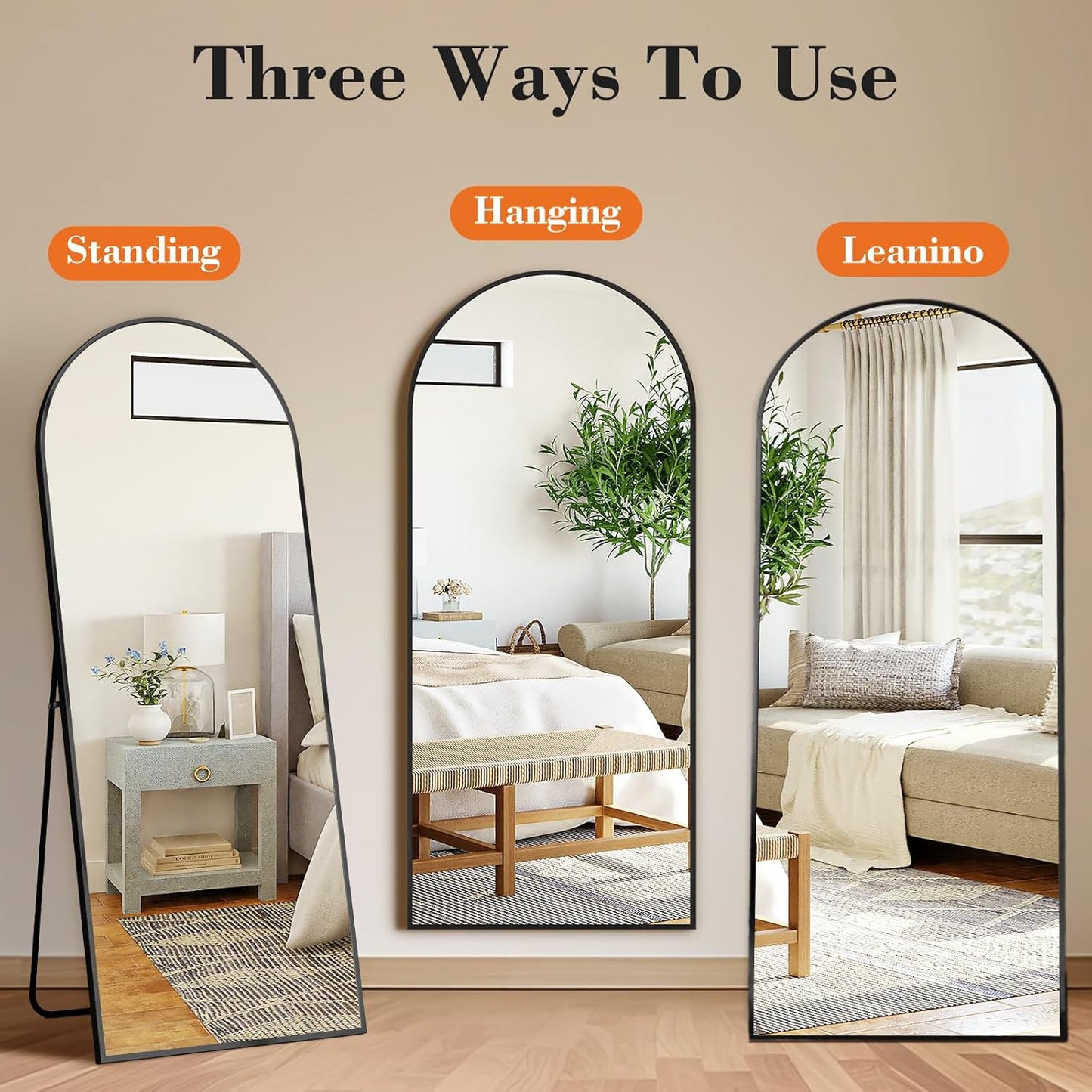 DUMOS 64x21 Arched Full-Length Mirror, Floor/Wall Mount, Shatterproof Glass
