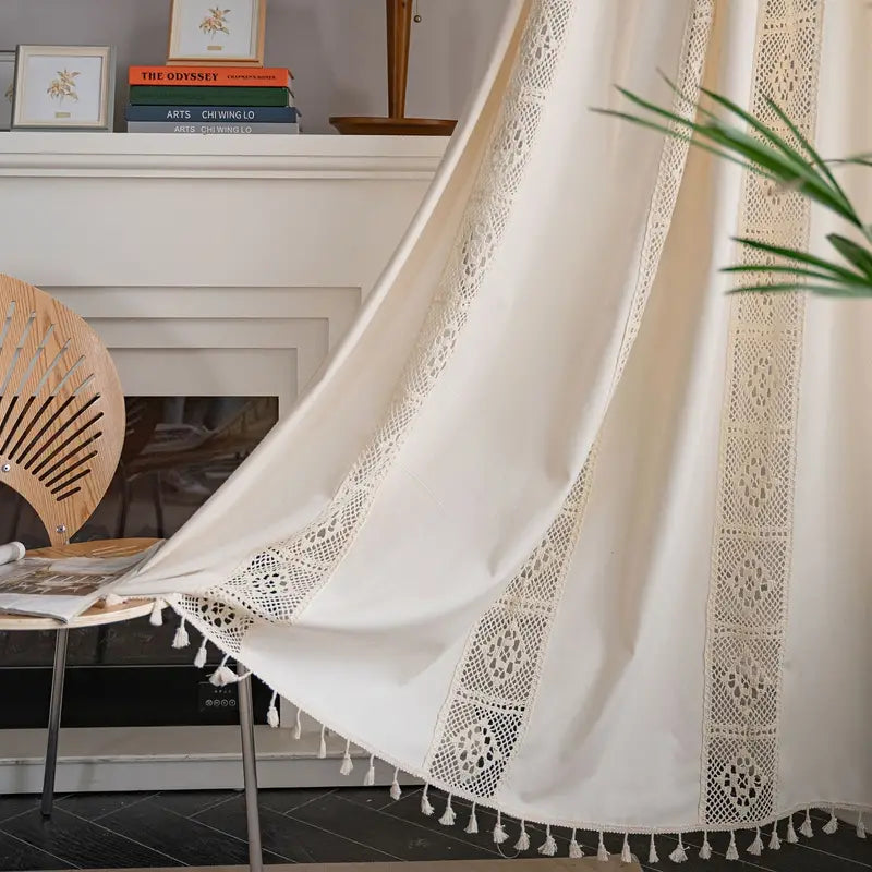 Boho Linen Semi Blackout Curtains with Crochet Tassels