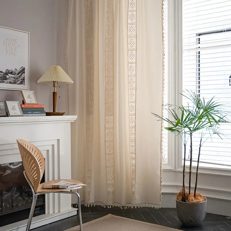 Boho Linen Semi Blackout Curtains with Crochet Tassels