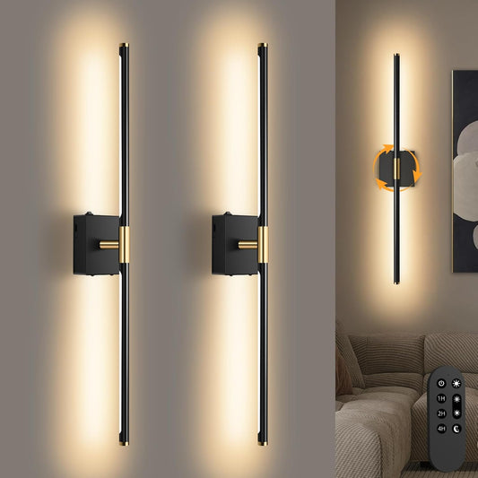 Wireless Rechargeable LED Wall Sconces Set, Dimmable Remote Control, 30-inch Black