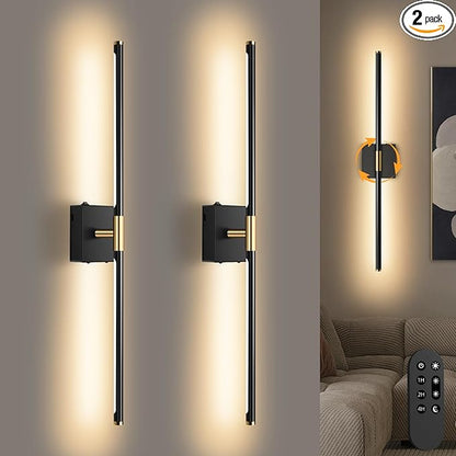 Wireless Rechargeable LED Wall Sconces Set, Dimmable Remote Control, 30-inch Black