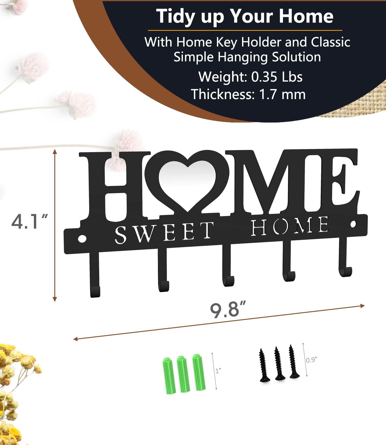 WIPHANY 5-Hook 'Home Sweet Home' Wall Mounted Key Holder Organizer Hanger Rack