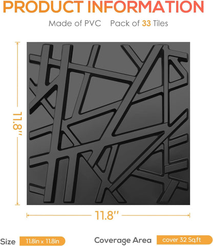 33-Pack Black 3D Textured PVC Wall Panels for Modern Home Decor 12x12