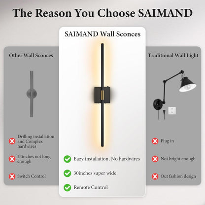 Wireless Rechargeable LED Wall Sconces Set, Dimmable Remote Control, 30-inch Black