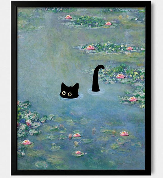 Funny Cat Monet Water Lilies Canvas Wall Art Print - Vintage Framed Decor