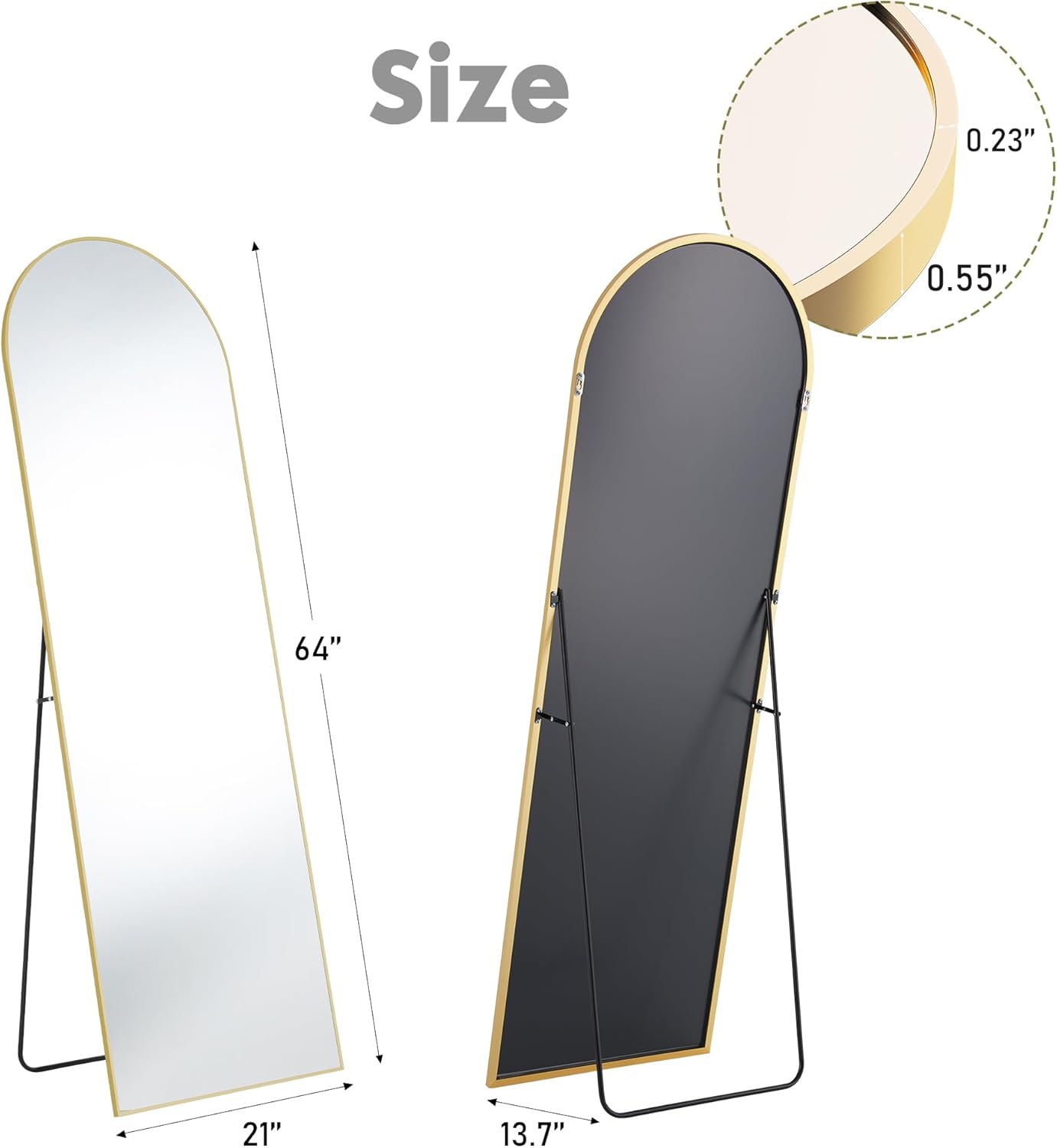 Sweetcrispy 64x21 Arched Full Length Standing/Leaning Body Mirror, Gold Aluminum Frame