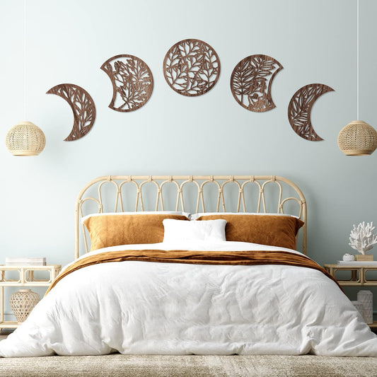 Jetec 5-Piece Wooden Moon Phase Wall Art Decor Set, Nordic Boho Lunar Aesthetic