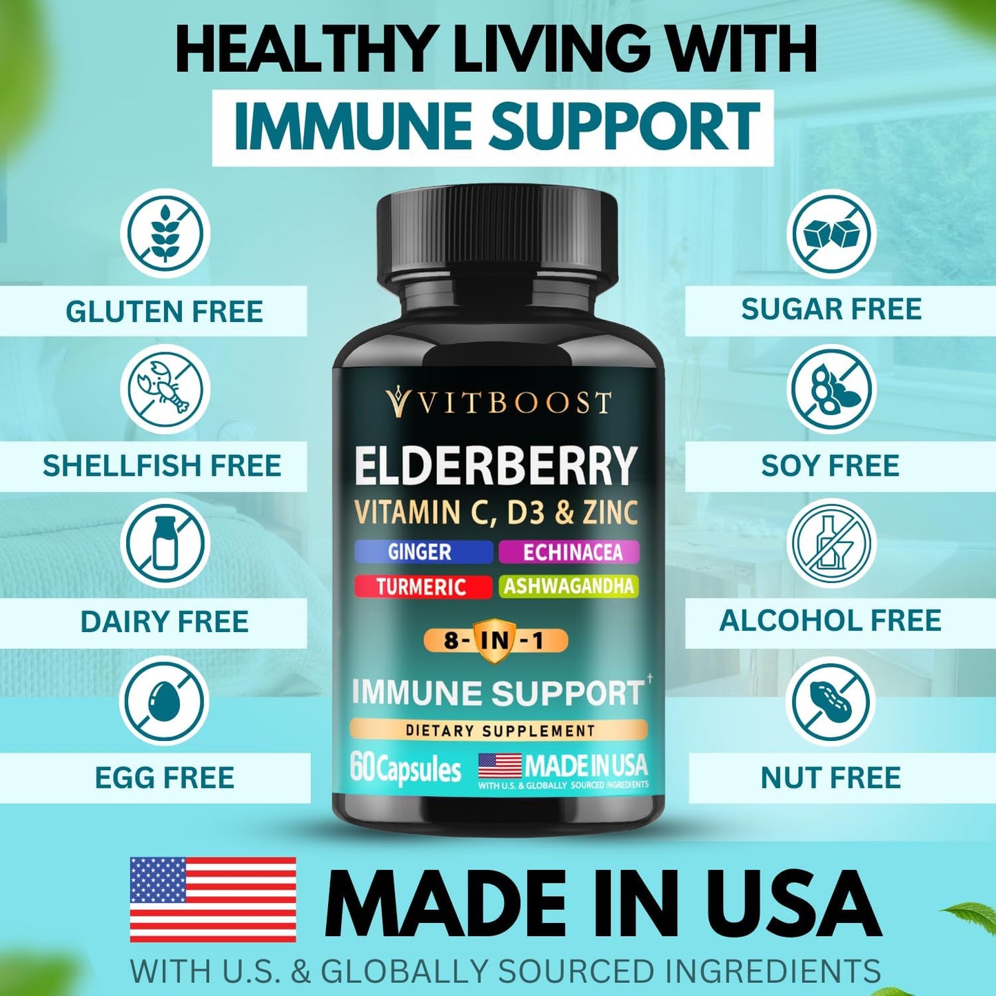 Elderberry Immune Support Supplement 8-in-1 Formula with Echinacea, Vitamin C & Zinc, Vitamin D 5000 IU, Turmeric, Ginger, Ashwagandha – 60 Capsules