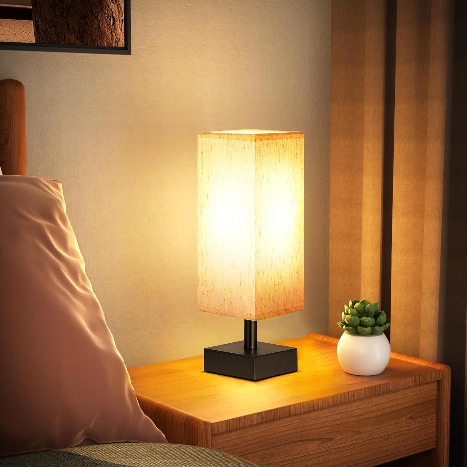 Minimalist Square Fabric Shade Table Lamp for Bedroom Bedside Nightstand Office
