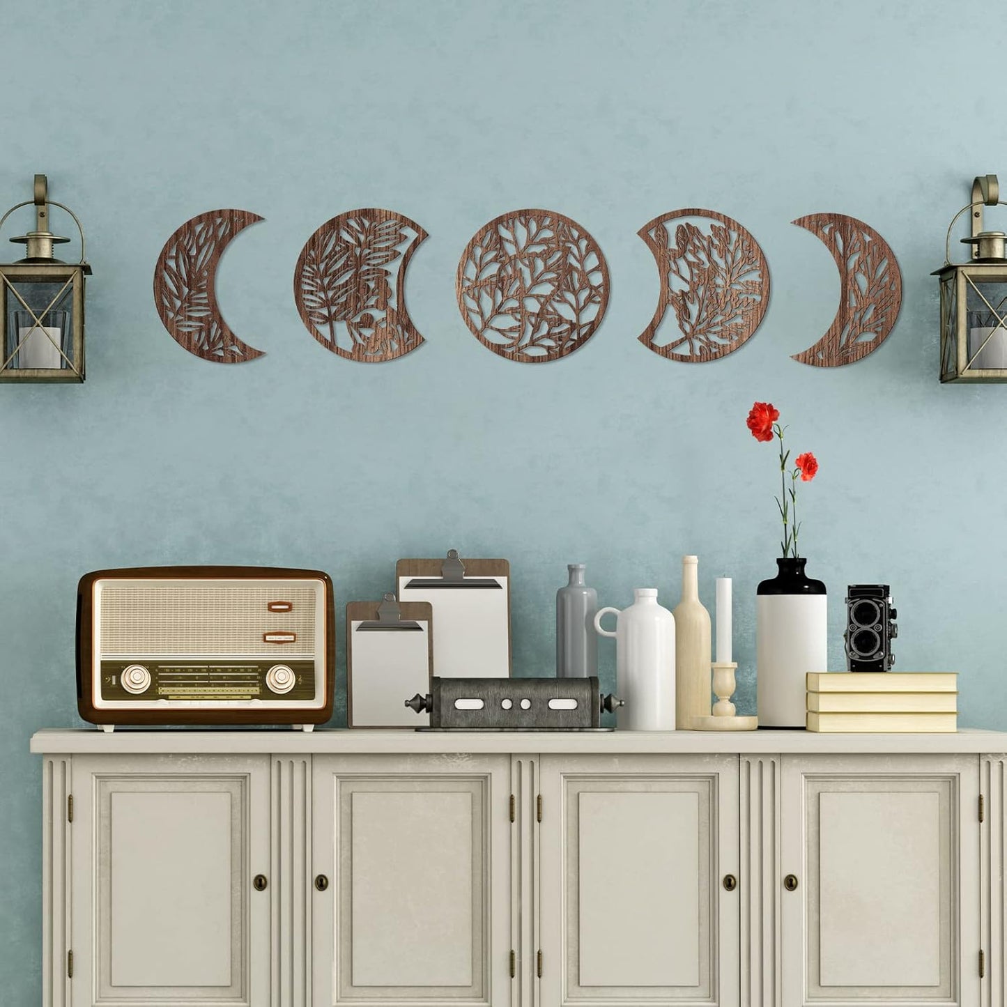 Jetec 5-Piece Wooden Moon Phase Wall Art Decor Set, Nordic Boho Lunar Aesthetic