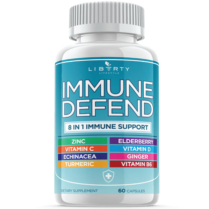8 in 1 Immune Defense Support, Immunity Vitamins Supplement Booster with Zinc 50mg, Vitamin C Elderberry Vit D3 5000 IU, Turmeric Curcumin & Ginger, Echinacea - Allergy Relief for Kids Adults (2 Pack)