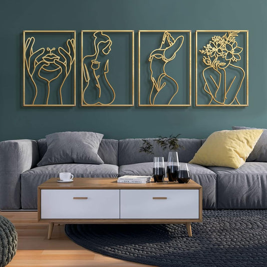Glamativity 4-Pack Gold Minimalist Metal Line Art: Elegant Woman Body Wall Decor