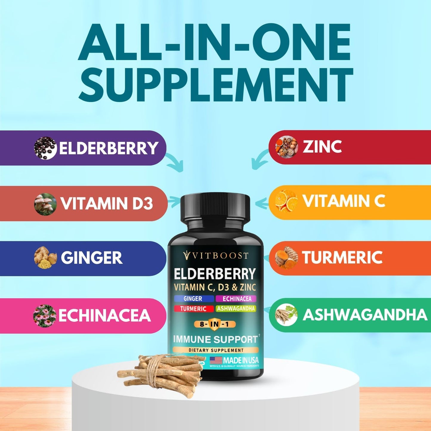 Elderberry Immune Support Supplement 8-in-1 Formula with Echinacea, Vitamin C & Zinc, Vitamin D 5000 IU, Turmeric, Ginger, Ashwagandha – 60 Capsules