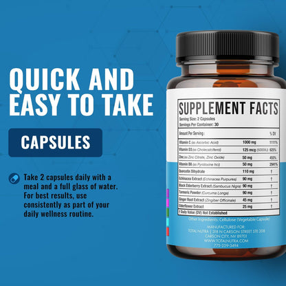 10-In-1 Immune Support Supplement: Immune Boosters for Adults & Kids Daily Immunity Defense with Key Immune System Vitamins Zinc, Vitamin C and D, Plus Elderberry, Quercetin, Echinacea & More, 60 Caps