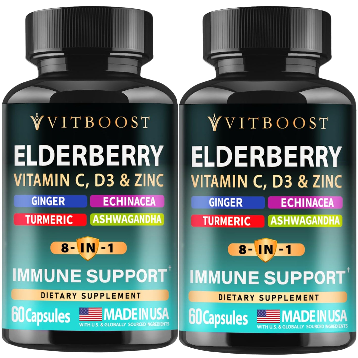 Elderberry Immune Support Supplement 8-in-1 Formula with Echinacea, Vitamin C & Zinc, Vitamin D 5000 IU, Turmeric, Ginger, Ashwagandha – 60 Capsules