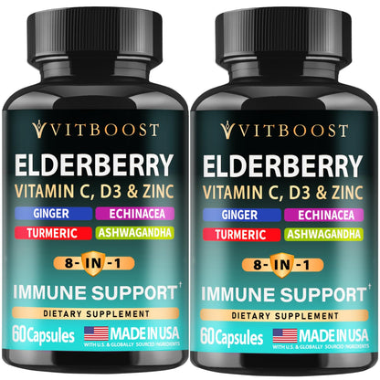 Elderberry Immune Support Supplement 8-in-1 Formula with Echinacea, Vitamin C & Zinc, Vitamin D 5000 IU, Turmeric, Ginger, Ashwagandha – 60 Capsules