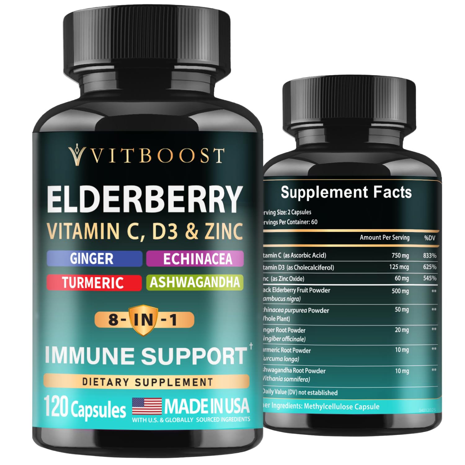 Elderberry Immune Support Supplement 8-in-1 Formula with Echinacea, Vitamin C & Zinc, Vitamin D 5000 IU, Turmeric, Ginger, Ashwagandha – 60 Capsules