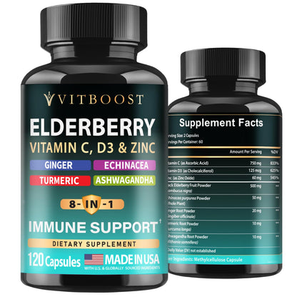 Elderberry Immune Support Supplement 8-in-1 Formula with Echinacea, Vitamin C & Zinc, Vitamin D 5000 IU, Turmeric, Ginger, Ashwagandha – 60 Capsules