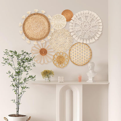 8-Piece Boho Woven Wall Basket Decor Set with Macrame Tassels - Rattan Seagrass Art