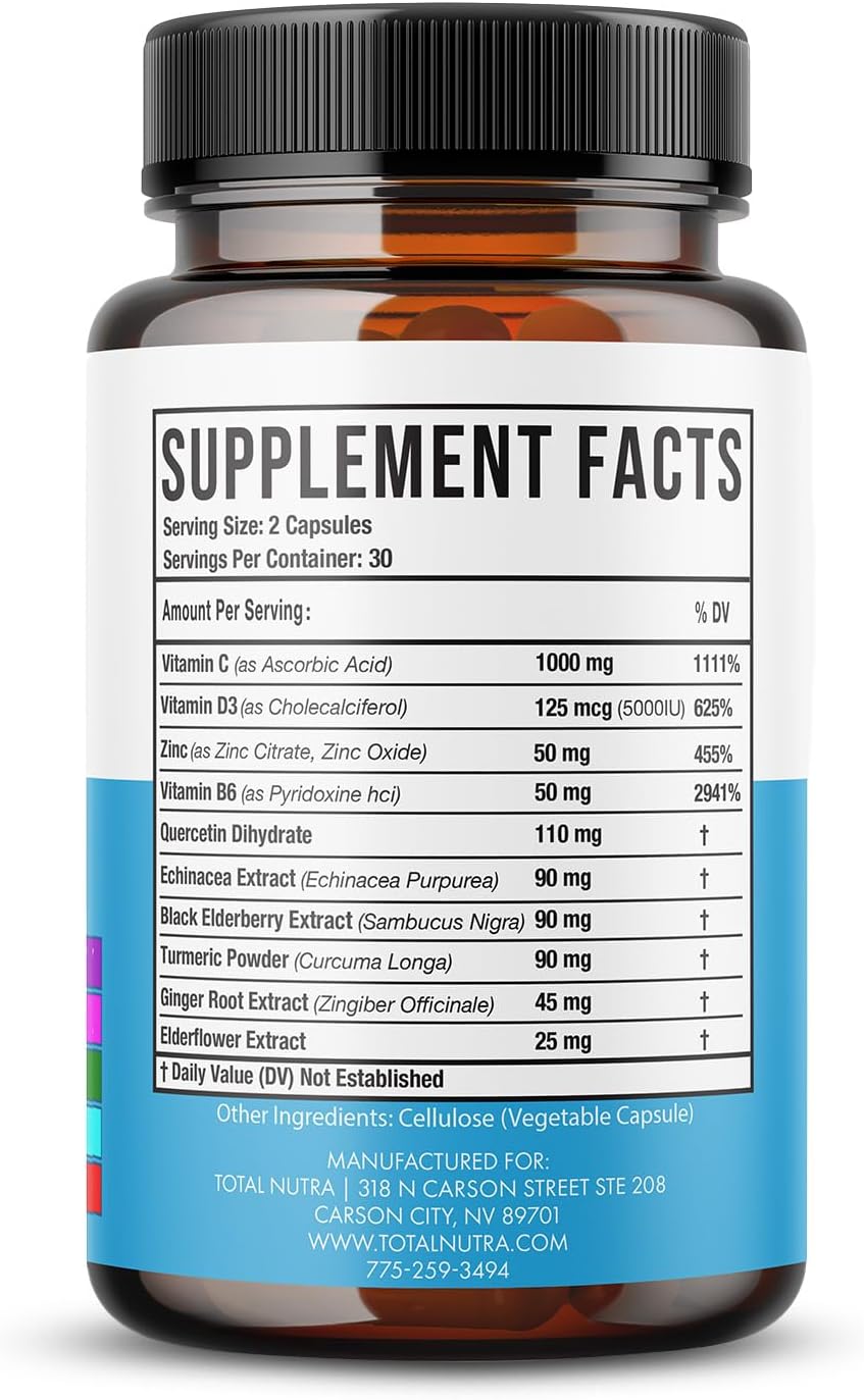 10-In-1 Immune Support Supplement: Immune Boosters for Adults & Kids Daily Immunity Defense with Key Immune System Vitamins Zinc, Vitamin C and D, Plus Elderberry, Quercetin, Echinacea & More, 60 Caps