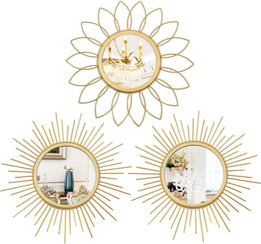 3-Pack Gold Sunburst Metal Wall Mirrors for Living Room Entryway Decor