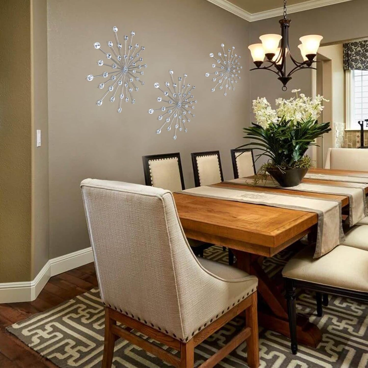 Dazzling Silver Crystal Sunburst Wall Art Decor Set - 3-Pack Metal Jeweled Bling