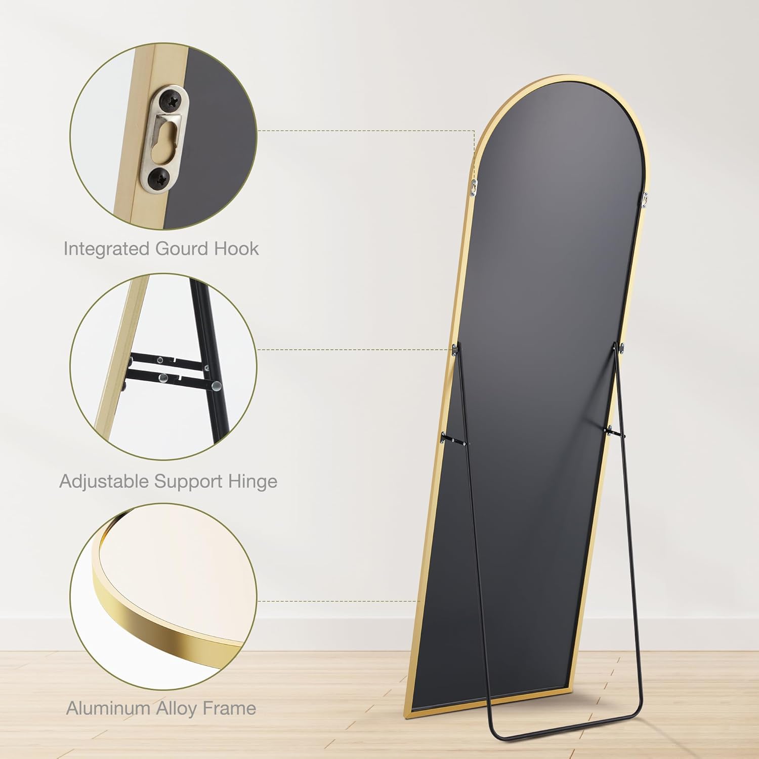 Sweetcrispy 64x21 Arched Full Length Standing/Leaning Body Mirror, Gold Aluminum Frame