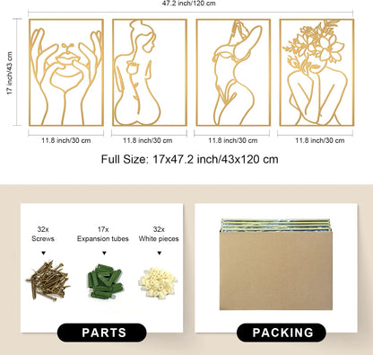 Glamativity 4-Pack Gold Minimalist Metal Line Art: Elegant Woman Body Wall Decor