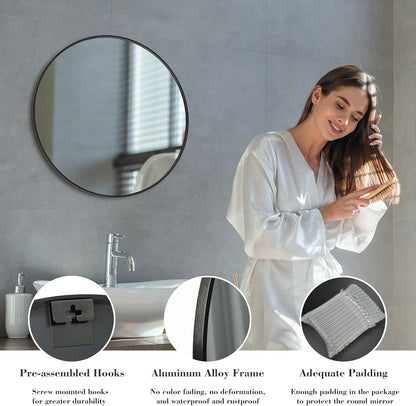Sweetcrispy 24-Inch Round Black Wall Mirror for Bathroom, Entryway, Bedroom