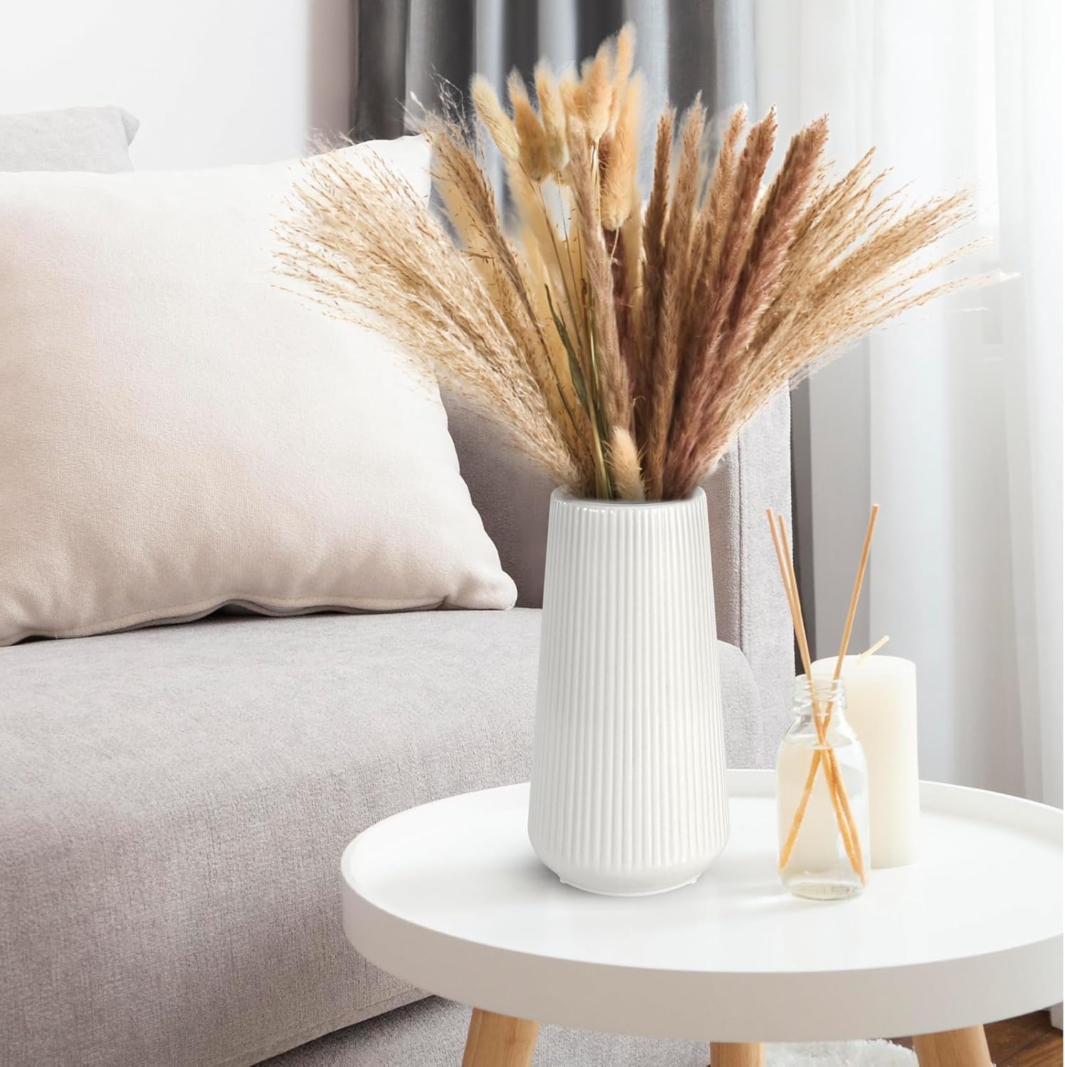 GUKJOB White Ceramic Vase for Pampas Grass, Modern Minimalist Home Decor