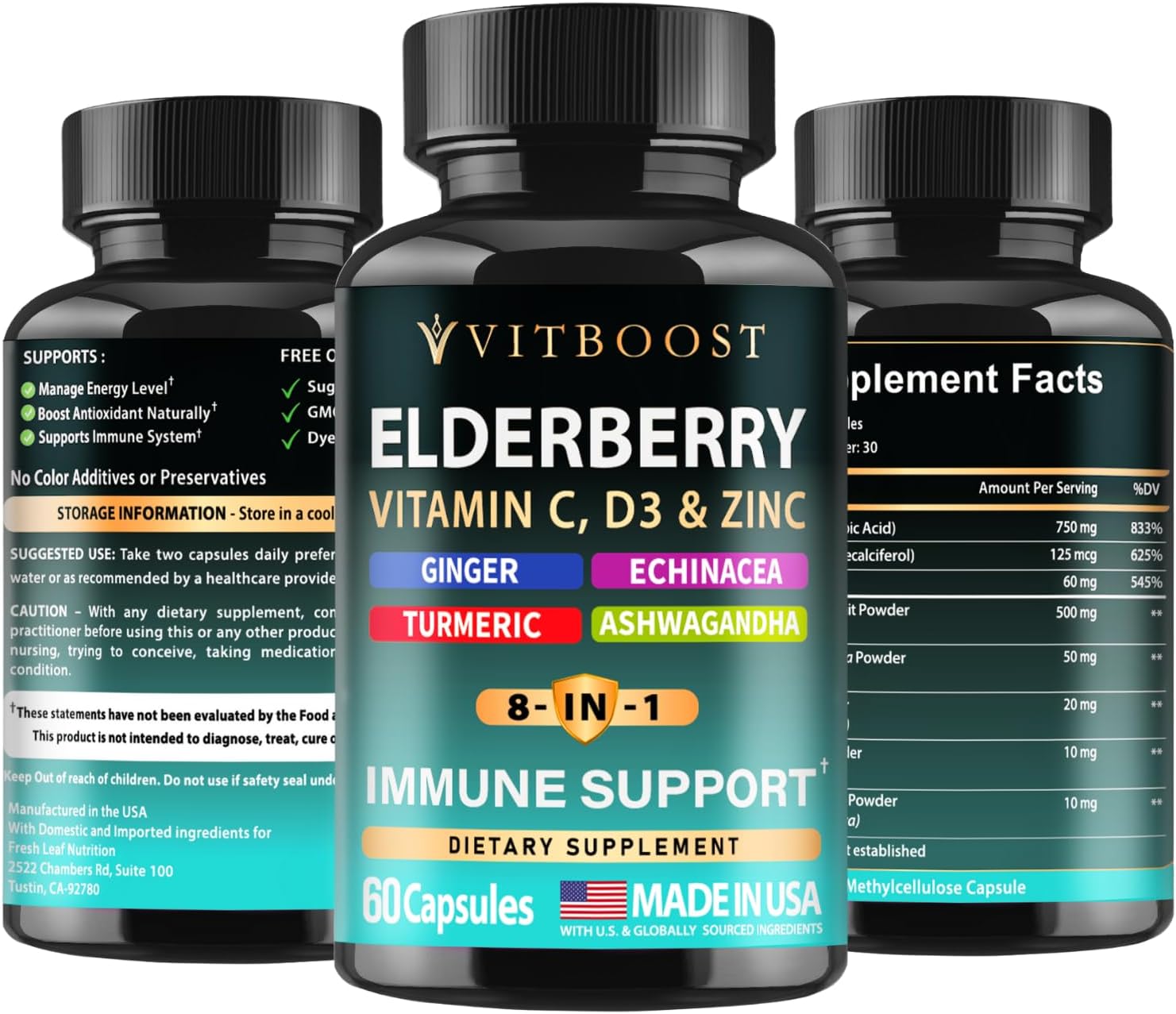 Elderberry Immune Support Supplement 8-in-1 Formula with Echinacea, Vitamin C & Zinc, Vitamin D 5000 IU, Turmeric, Ginger, Ashwagandha – 60 Capsules