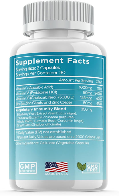 8 in 1 Immune Defense Support, Immunity Vitamins Supplement Booster with Zinc 50mg, Vitamin C Elderberry Vit D3 5000 IU, Turmeric Curcumin & Ginger, Echinacea - Allergy Relief for Kids Adults (2 Pack)
