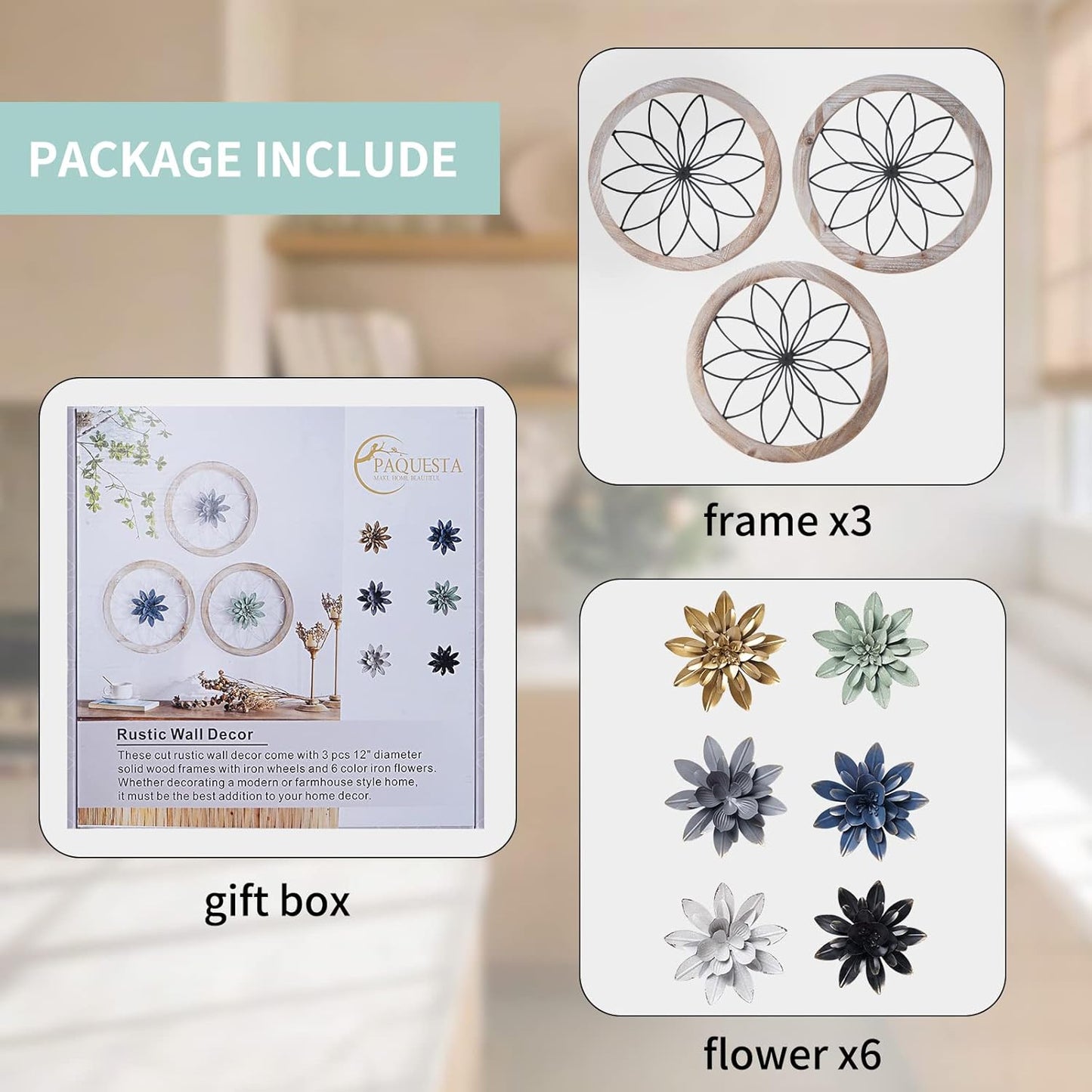 Paquesta 3-Piece Rustic Farmhouse Wall Decor with Interchangeable Metal Flowers