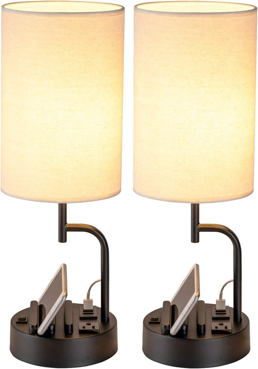Dreamholder Dual Modern Table Lamps: USB Charging, AC Outlet, Phone Stands