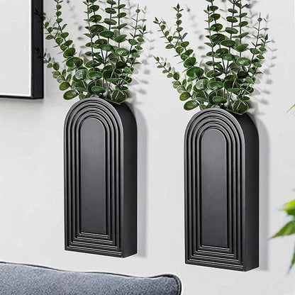 2-Pack Black Wooden Wall Vase Set Modern Farmhouse Boho Home Decor