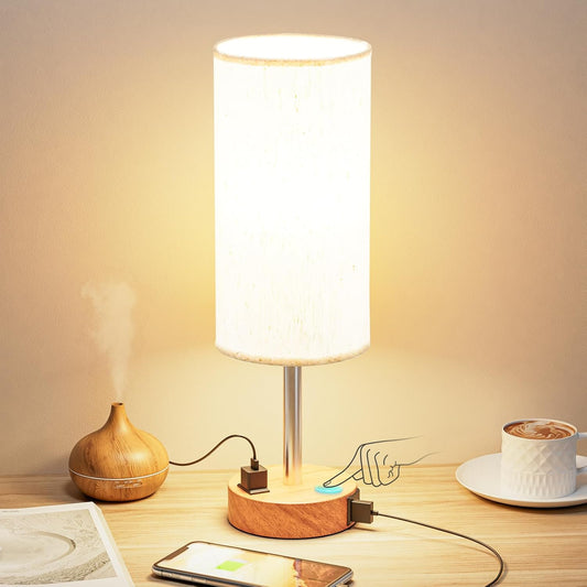 Smart Touch Dimmable Bedside Lamp with USB-C, AC Outlet, LED Bulb