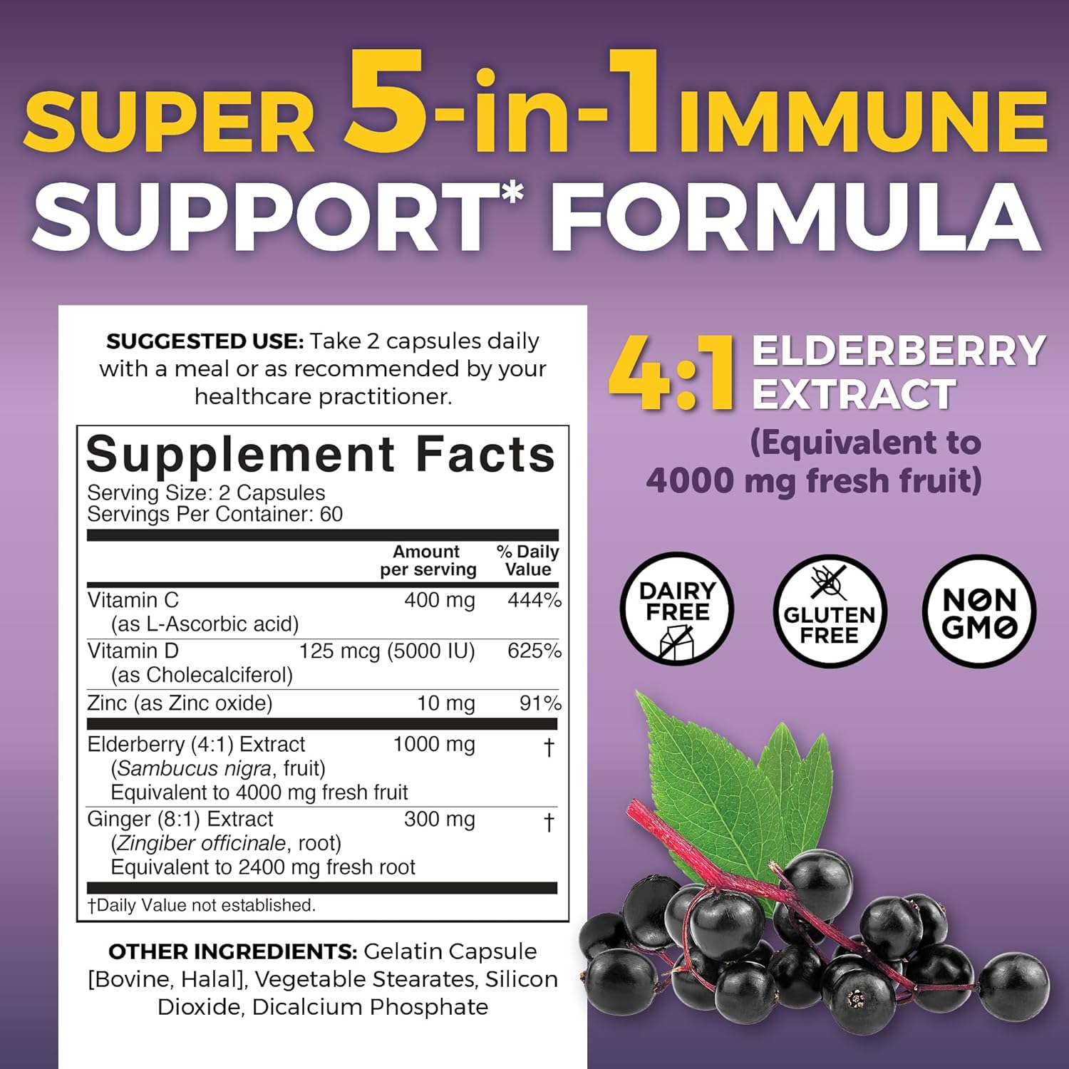 Viva Naturals Elderberry with Vitamin C and Zinc for Adults - 5 in 1 Sambucus Black Elderberry Capsules with Vitamin D3 5000 IU Immunity Supplement, Sambucus Elderberry Immune Support Supplement