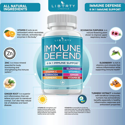 8 in 1 Immune Defense Support, Immunity Vitamins Supplement Booster with Zinc 50mg, Vitamin C Elderberry Vit D3 5000 IU, Turmeric Curcumin & Ginger, Echinacea - Allergy Relief for Kids Adults (2 Pack)
