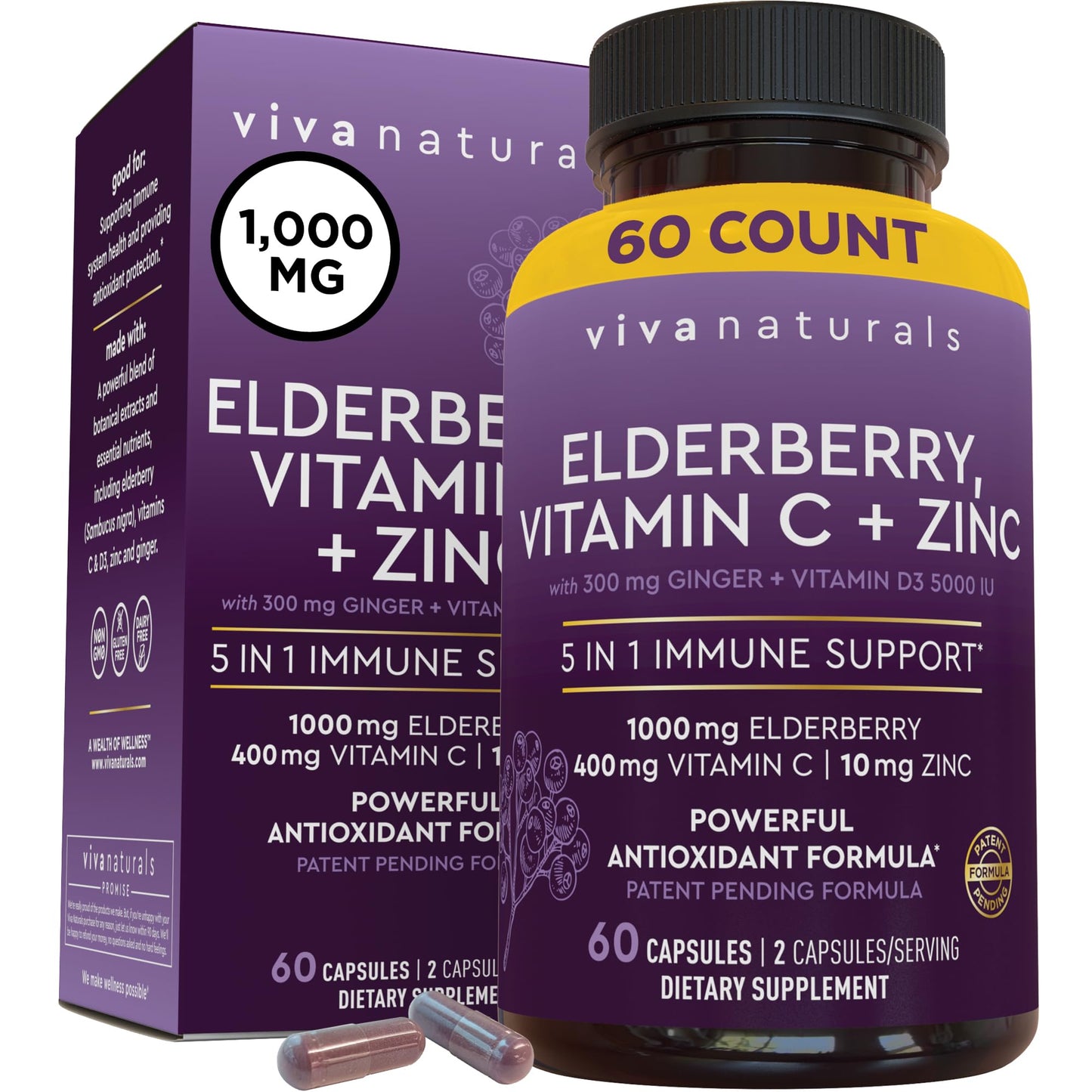 Viva Naturals Elderberry with Vitamin C and Zinc for Adults - 5 in 1 Sambucus Black Elderberry Capsules with Vitamin D3 5000 IU Immunity Supplement, Sambucus Elderberry Immune Support Supplement