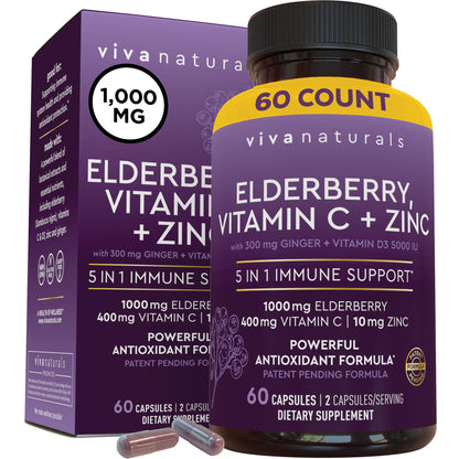 Viva Naturals Elderberry with Vitamin C and Zinc for Adults - 5 in 1 Sambucus Black Elderberry Capsules with Vitamin D3 5000 IU Immunity Supplement, Sambucus Elderberry Immune Support Supplement