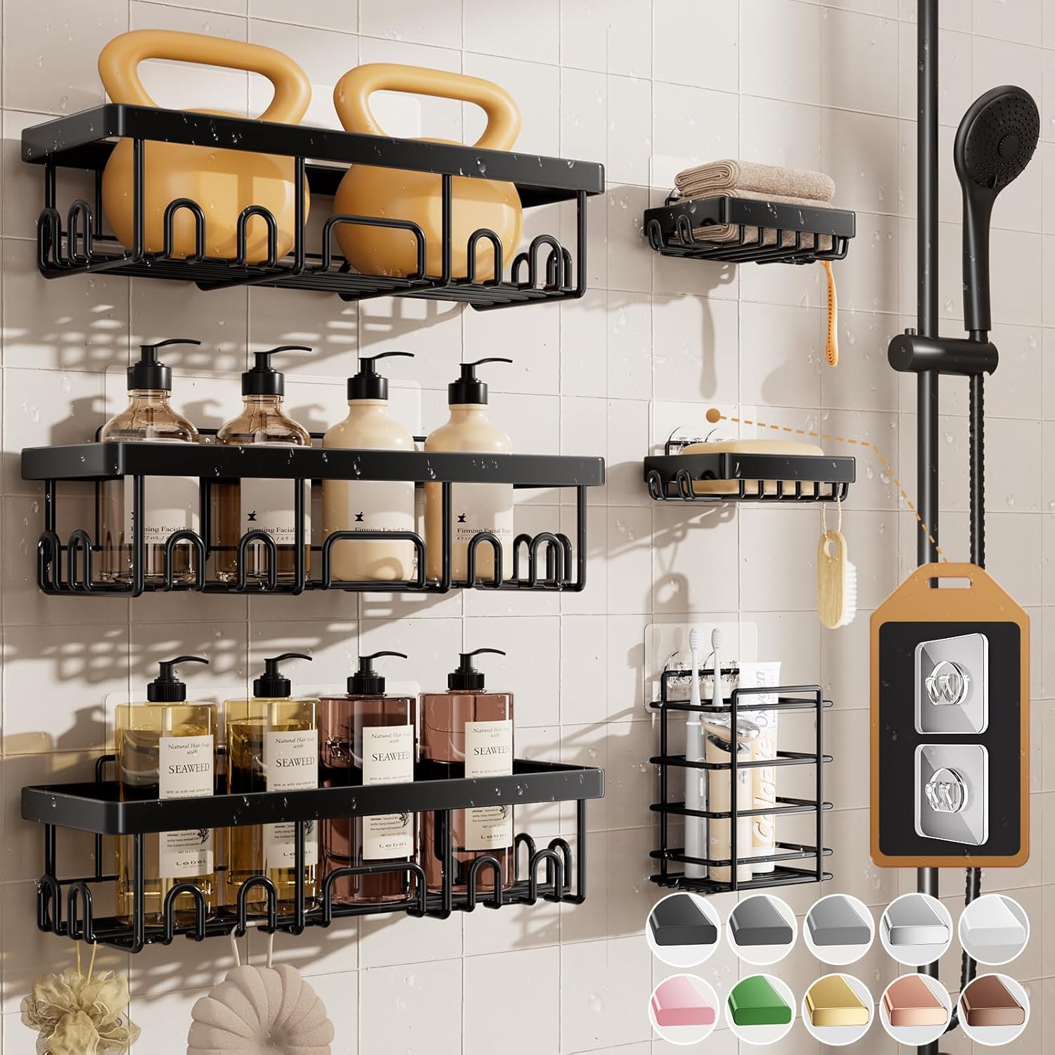 Veken 6-Pack Rustproof Adhesive Shower Caddy - No Drill Wall-Mounted Bathroom Organizer