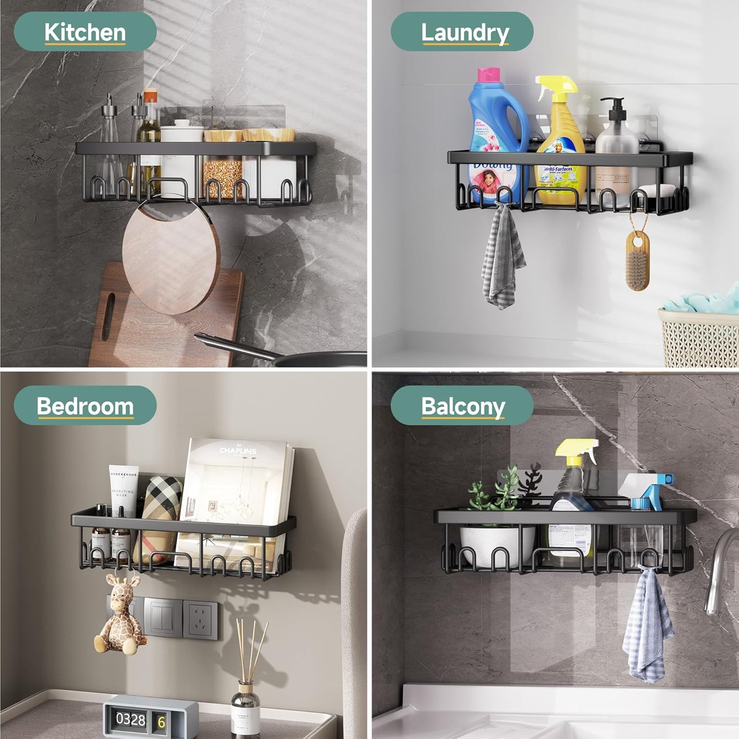 Veken 6-Pack Rustproof Adhesive Shower Caddy - No Drill Wall-Mounted Bathroom Organizer