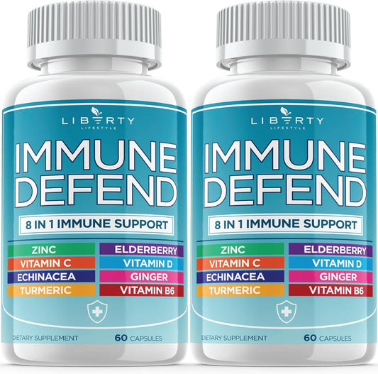 8 in 1 Immune Defense Support, Immunity Vitamins Supplement Booster with Zinc 50mg, Vitamin C Elderberry Vit D3 5000 IU, Turmeric Curcumin & Ginger, Echinacea - Allergy Relief for Kids Adults (2 Pack)