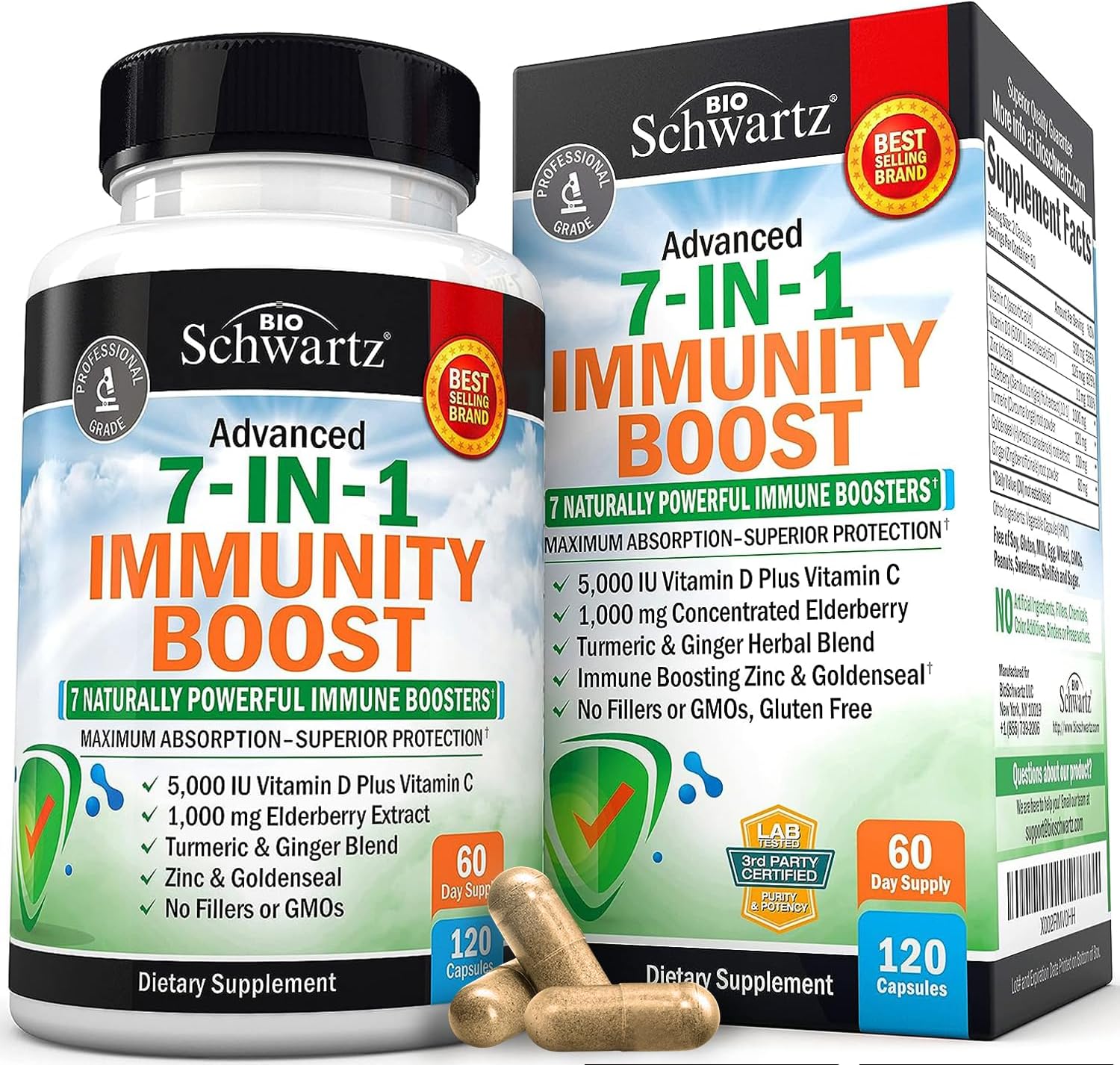 Immune Support Supplement with Zinc Vitamin C Vitamin D 5000 IU Elderberry Ginger D3 Goldenseal - Dr Approved Immunity Vitamins for Adults Women and Men - Natural Immune System Booster Defense -120ct