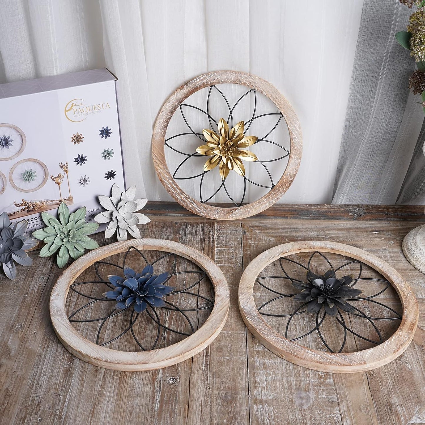 Paquesta 3-Piece Rustic Farmhouse Wall Decor with Interchangeable Metal Flowers