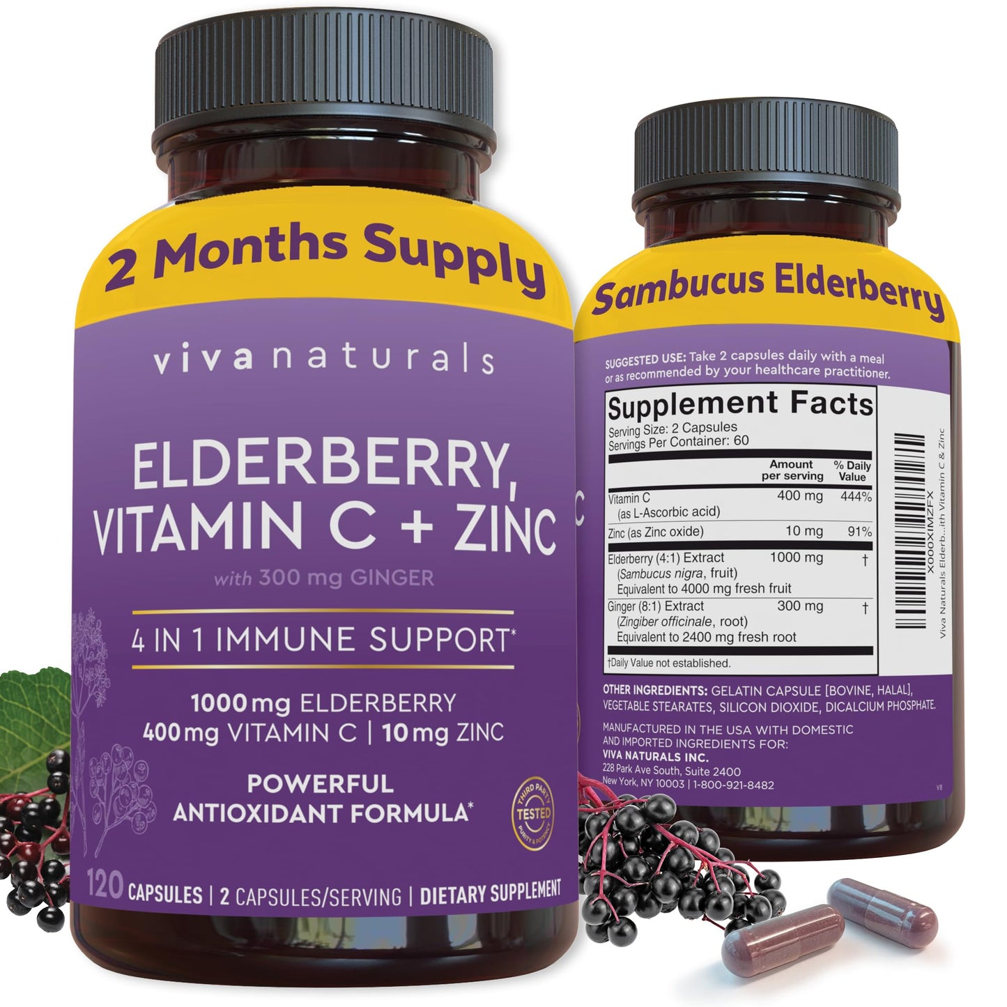 Viva Naturals Elderberry with Vitamin C and Zinc for Adults - 5 in 1 Sambucus Black Elderberry Capsules with Vitamin D3 5000 IU Immunity Supplement, Sambucus Elderberry Immune Support Supplement