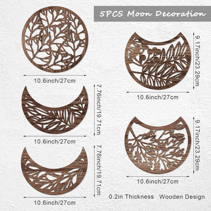 Jetec 5-Piece Wooden Moon Phase Wall Art Decor Set, Nordic Boho Lunar Aesthetic